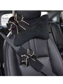 Black And White Contrast Bow Car Headrest Pillow, Plush Neck Support Cushion, Car Seat Headrest Pillow, Women's Comfortable Interior Decor - Bow - View 8