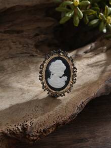 Cring Coco 1pc Victorian Style Cameo Lady Brooch, Vintage Oval White Woman Profile On Black Base, Ornate Antique Metal Frame, Jewelry Gift For Retro Enthusiasts - Beauty Head - View 9