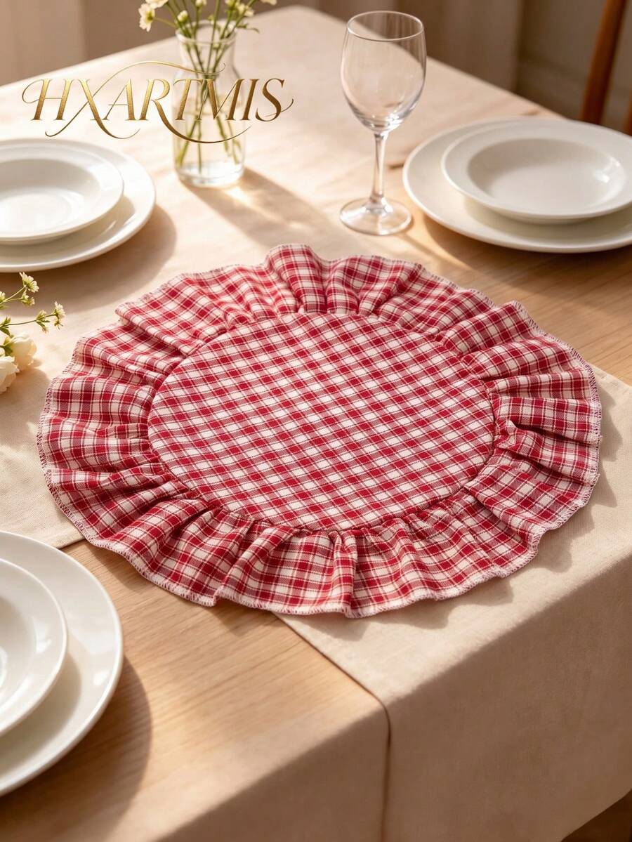 HXARTMIS 1pc Red Plaid Ruffle Round Placemat, Vintage Checkered Woven Fabric Placemat, Heat-Resistant Table Decor, Suitable For Breakfast Shop, Cafe, Wedding Scene - Red - View 1