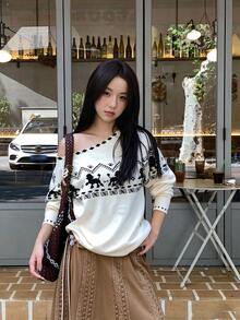 Sweet Preppy Fair Isle Jacquard Colorblock Cold Shoulder Sweater, Women's Loose Fit Long Sleeve Top, Suitable For Autumn/Winter Christmas - White - View 10