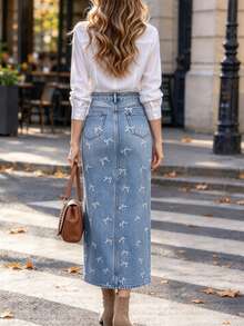 Solid Color Casual Denim Effect Print Faux Pocket Skirt For Vacation And Daily Wear, All Seasons - Navy Blue - View 2