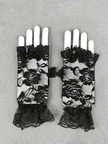1 Pair Women's Floral Lace Fingerless Gloves, Suitable For Weddings And Multiple Occasions - Black-203 - View 6