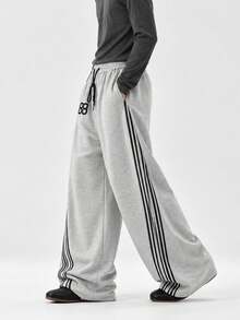 1pc Men's College Style Creative Digital Print Wide Leg Loose Casual American Long Pants - Light Grey - View 3
