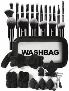 47Pcs Black Makeup Brushes Beauty Sponges Triangle Puff Bow Headband Makeup Storage Bag Eyelash Curler Professional Makeup Tool Set For Foundation Blush Eyeshadow - Black - View 10