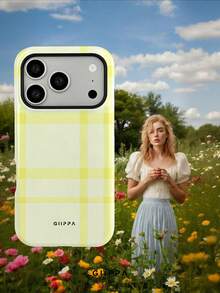 GIIPPA 1pc Light Yellow Asymmetrical Grid Pattern Design Phone 17 Pro Max Phone Case, Compatible With Phone 16 Pro Max, 15 Pro Max, 14 Pro Max, Korean Style High-End Fashionable And Fun Phone Case, Suitable For 11/12/13/14/15/16 Pro Max Plus, Elegant Design For Men And Women, Perfect Gift For Girlfriend On Christmas, Valentine's Day, Easter, Wedding Season And Birthday! - Yellow - View 7