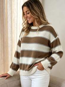 Plus Size Round Neck Striped Colorblock Knit Pullover Sweater - Apricot - View 8