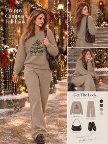 Vintage Sleigh Christmas Tree Print Women's Autumn/Winter Two Pieces Set, Soft Faux-Knit Top And Wide Leg Pants Casual Outfit - Camel - View 2