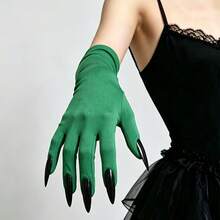 Halloween Witch Green & Black Long Nail Gloves, Performance Witch Costume Claw Gloves - Multicolor - View 3