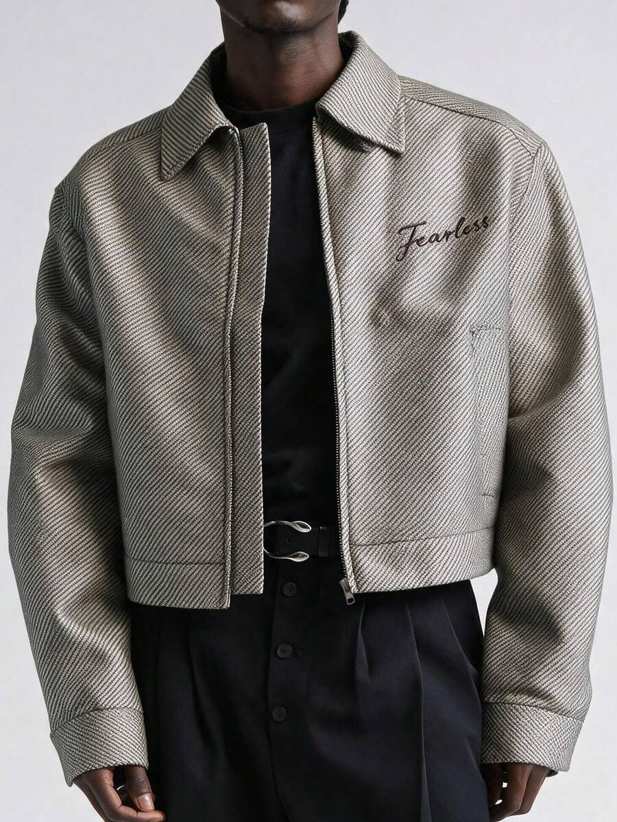 GOLDREDY American Vintage Short Wide Lapel Jacket For Men, Spring/Autumn Mixed Color Twill Textured Embroidered Letter Silhouette Petite Height-Enhancing Outerwear - Brown - View 1
