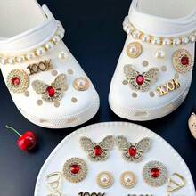 12pcs Gold Red Rhinestone Pearl Clog Shoe Charms ABS Butterfly Rhinestone Pearl Chain Shoe Decorations DIY Shoe Accessories For Women And Girls - Gold Red Diamond Pearl Style - 12PCS - View 6