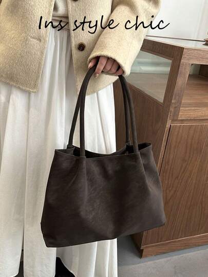 Bolso Tote, Body suave y relajado, tela con textura desgastada, combinado con doble correa larga para el hombro. Amplio espacio de almacenamiento para libros, tabletas y otros artículos personales, transporte al hombro, estilo minimalista y discreto, adecuado para el desplazamiento diario y los viajes.
