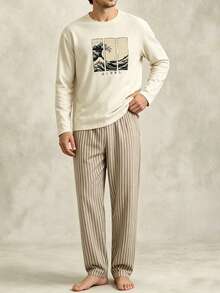 Men's Autumn/Winter Pajama Set, Japanese Ukiyo-E Cartoon Print Long Sleeve Top + Striped Jogger Pants, 2 Pieces Loungewear - Multicolor - View 4