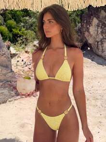 Bikinx Women's Cute Camisole Swimsuit Set, Featuring Floral Pattern Fabric Design, Back Tie Detail, Suitable For Summer Vacation Wear - Light Yellow - View 3