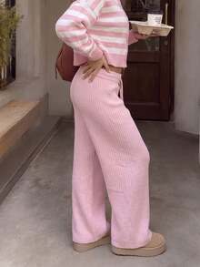 Women's Autumn/Winter Ribbed Knit Pink Wide Leg Pants, Drawstring Waist Design Loose Fit Long Pants, Fashionable Casual Comfortable Wear - Pink - View 4
