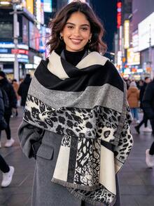 1PC Faux Cashmere Leopard Print Patchwork Jacquard Warm Scarf For Women, New Autumn/Winter Fashion Versatile Air Conditioning Shawl, Suitable For Matching And Decoration - Multicolor - View 7