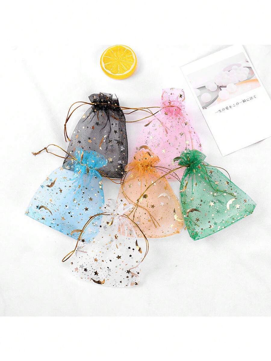 20pcs Moon & Star Drawstring Organza Bags - Ideal For Jewelry, Party Favors - Multiple Colors Available, Suitable For Weddings, Valentine's Day And Christmas - Multicolor - View 1