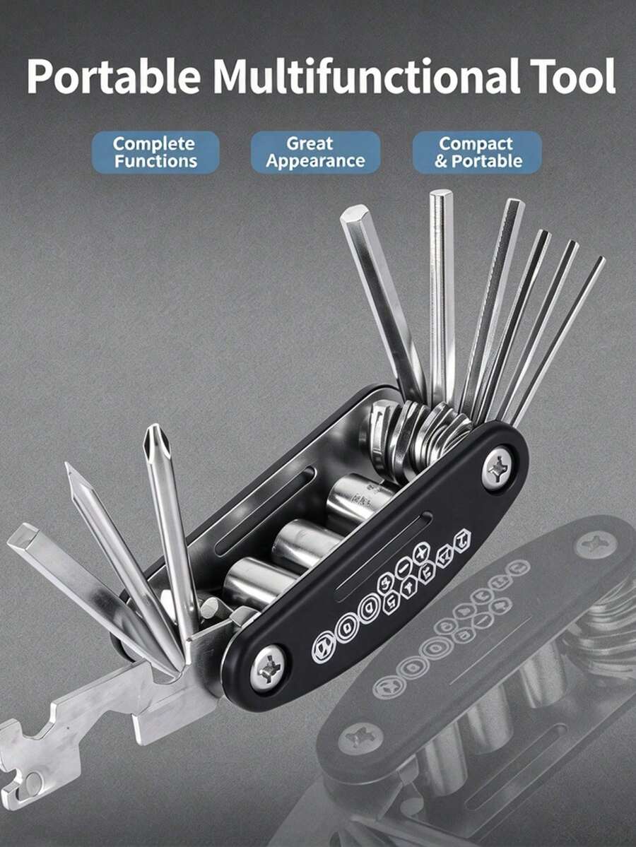 16 In 1 Portable Foldable High Carbon Steel Bicycle Multi Repair Tool, Outdoor Cycling Style Black Compact Shape Hex Wrench Screwdriver Socket Hand Tool For Mountain Road Bike Motorcycle Emergency Maintenance