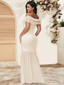 JustVH Maternity Floral Cold Shoulder Dress, Elegant Chiffon Slit Hem Gown, Suitable For Baby Shower Photos - Apricot - View 2