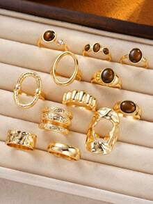 Set 12 buah cincin batu imitasi mata harimau berbentuk oval geometris bergaya vintage, cocok untuk pemakaian sehari-hari wanita, pesta, aksesori musim gugur/musim dingin, kencan, ulang tahun, dan hadiah liburan. - Yellow Gold - View 6