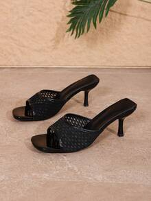 Black Lace Chunky Heel Mule Shoes, Square Toe Geometric Woven Design, Fashionable Summer Slippers, Suitable For Office, Cocktail Party And Date Night - Black - View 2
