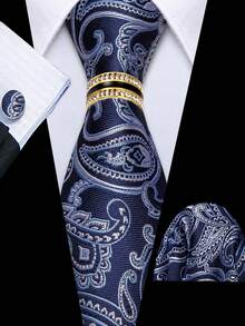 Men's Navy Blue Paisley Jacquard Tie Pocket Square Cufflinks Ring 4Pcs Set, Cufflinks Random Pattern, Wedding Business Suit Accessories - Navy Blue - View 1