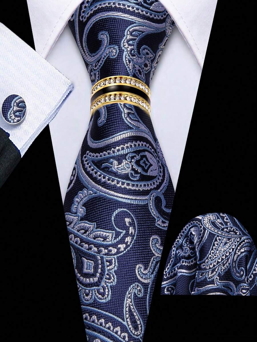 Men's Navy Blue Paisley Jacquard Tie Pocket Square Cufflinks Ring 4Pcs Set, Cufflinks Random Pattern, Wedding Business Suit Accessories - Navy Blue - View 1