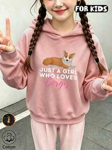 Tween Girls Cute Corgi Dog Letter Print Sweatshirt, Casual Long Sleeve Hooded Pullover - Nude Pink - View 3
