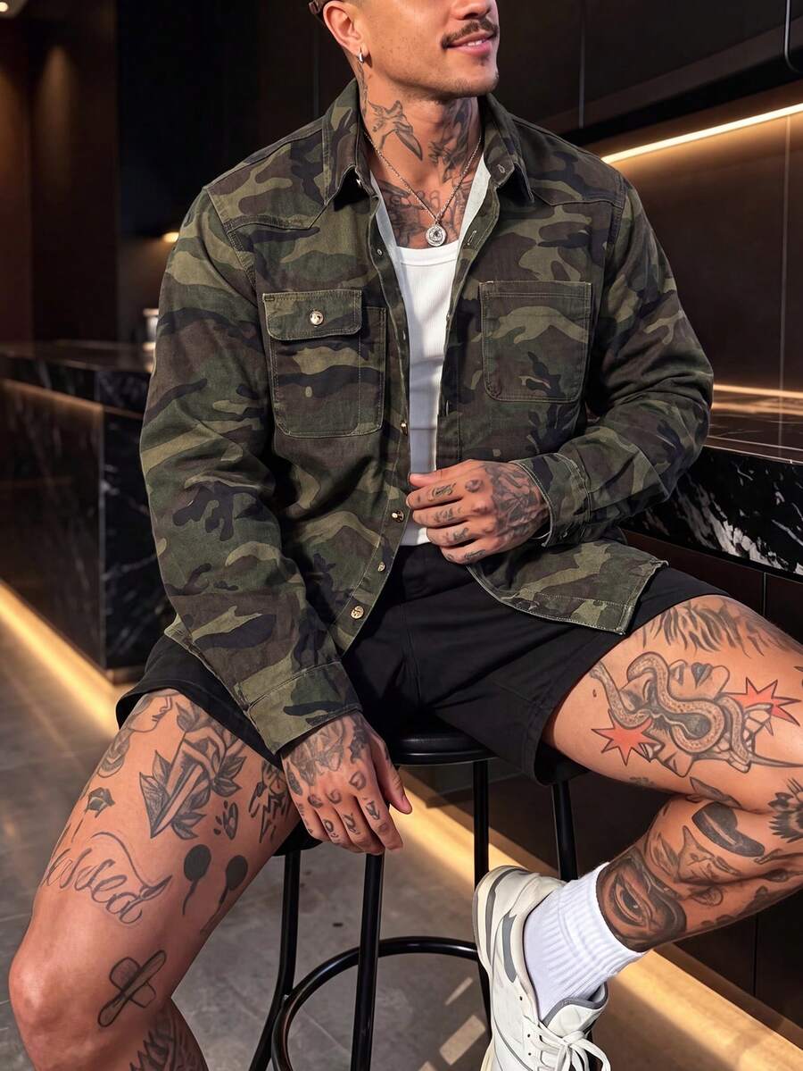 Men's Vintage Camouflage Shacket, Long Sleeve Button-Up Workwear Shacket, Lapel Collar With Flap Pockets, Outdoor Casual Top - Army Green - View 1