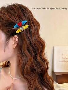 2pcs/Set Heart Polka Dot Colorblock Hair Clips For Women, Premium Exquisite Bangs Side Clips, Forehead Hair Clips, Loose Hair Clips (Heart Position On Clips Is Random) - Multicolor - View 1