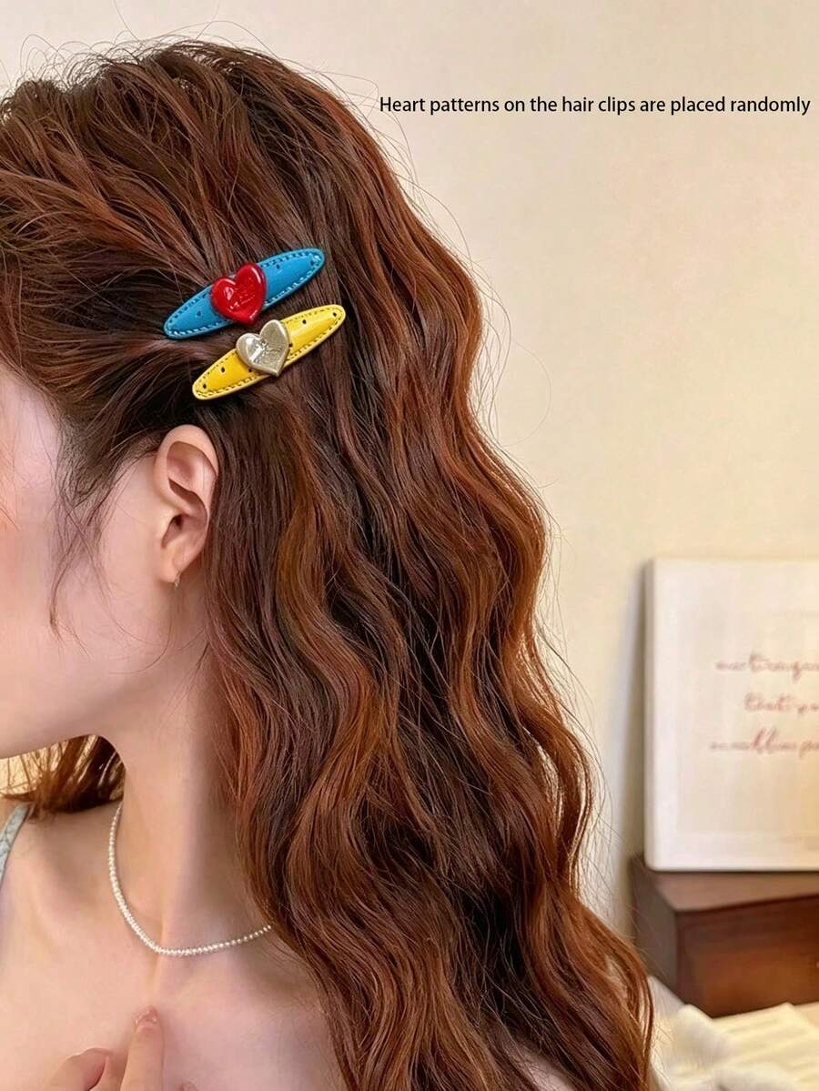2pcs/Set Heart Polka Dot Colorblock Hair Clips For Women, Premium Exquisite Bangs Side Clips, Forehead Hair Clips, Loose Hair Clips (Heart Position On Clips Is Random) - Multicolor - View 1