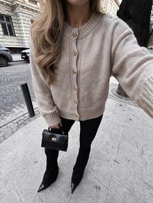 NOVELLE Women's Crew Neck Button Front Knit Cardigan, Autumn Winter Casual Versatile Ribbed Hem Lazy Style, For Daily, Commute, Dating And School - Light Grey - View 2