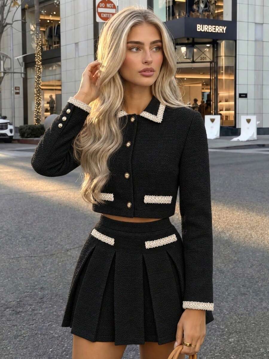 Perirose Women's Black 2 Pieces Set, Contrast Trim Jacket & Skirt, Elegant Outfit, Suitable For Office, Vacation, Party, Christmas - Black - View 1