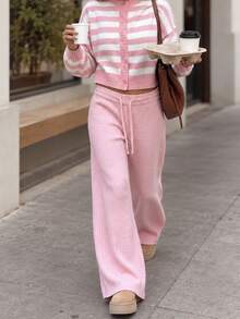 Women's Autumn/Winter Ribbed Knit Pink Wide Leg Pants, Drawstring Waist Design Loose Fit Long Pants, Fashionable Casual Comfortable Wear - Pink - View 3