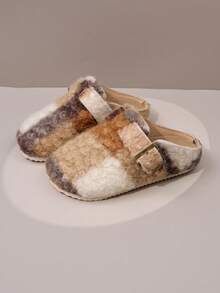 1 Pair Brown Beige Kids Fuzzy Teddy Clogs, Color Block Antique Brass Buckle Slip On Closed Toe Mules, Flat Sole Winter Shoes For Home Daily (Fabric Color Pattern Random) - Beige - View 5