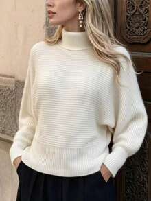 MORI Fall Winter Women Sweaters Elegant Casual Y2K Off White Turtleneck Ribbed Knit Tops Drop Shoulder Loose Pullover Streetwear Outfits - White - View 2