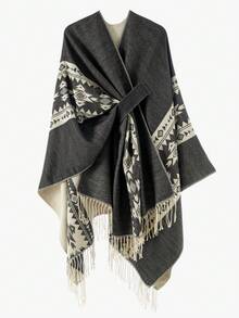 1pc Men's Striped Doorframe European & American Travel Style Shawl Cape, Versatile Double-Sided Solid Color Warm Scarf - Multicolor - View 8