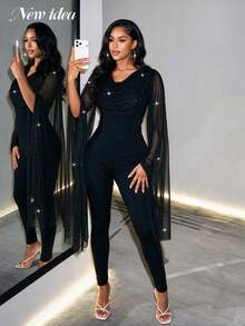 NEW IDEA Women Elegant Sexy Black Fall Winter Two Pieces Set, Glitter Mesh Long Sleeve Top & Skinny Pants Set For Night Out, Dinner Quiet Luxury Party. - Black - View 2