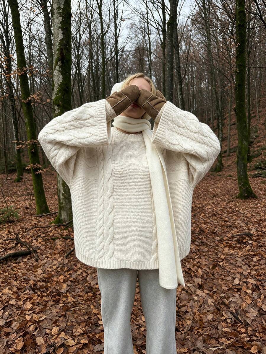 NOVELLE Women's Autumn Winter Cable Pattern Knit Sweater, Solid Color Crew Neck Loose Pullover, For Daily Going Out, Home, Commute And Dating - Apricot - View 1