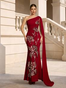 VIPGIRL Red One-Shoulder Fishbone Evening Gown With Side Bow, Intricate Floral Sequin Waist-Defining Mermaid Formal Maxi Dress - Red - View 1