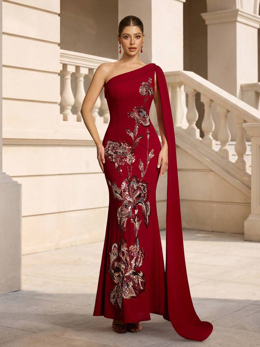 VIPGIRL Red One-Shoulder Fishbone Evening Gown With Side Bow, Intricate Floral Sequin Waist-Defining Mermaid Formal Maxi Dress - Red - View 1