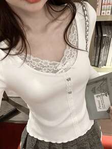 女士甜美蕾丝长袖修身V领打底衫，百搭白色上衣，适合秋冬春季穿着 - 白色 - 查看 4