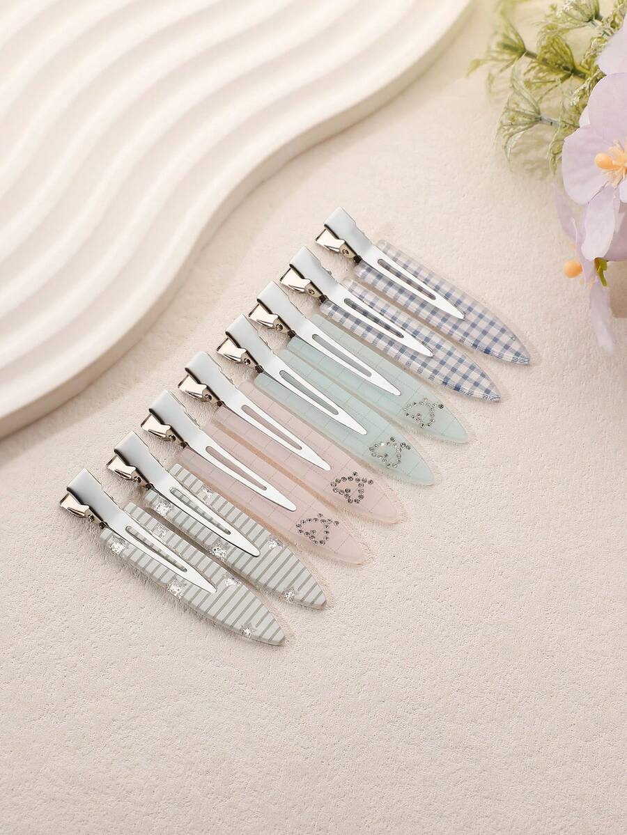 8pcs Light Color Plaid Striped Heart Rhinestone Women's Hair Clips, Versatile Hair Accessories For Daily Commute, Dating, Photo Shooting - Multicolor - View 1