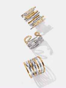 Kryxie 3pcs Stainless Steel Gold And Silver Tone Ring Set, Suitable For Women's Daily Decoration Or Gift, Adjustable Ring Size - Gold and Silver - View 2