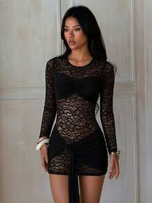 Autumn Solid Color Lace Ribbon Sexy Long Sleeve Dress Women's Elegant Short Dress Party Date Homecoming Dance - Black - View 8
