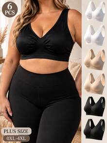 6pcs Plus Size Women's Seamless Wire-Free Bras, Extra Large, Push-Up Lift, Side-Boob Tightening, Anti-Sagging, Comfortable Sleep Tank Top Style Underwear - Multicolor - View 1