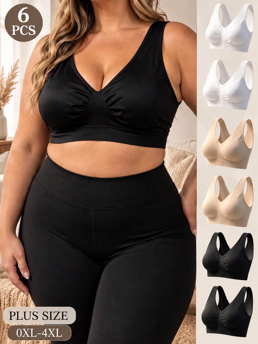 6pcs Plus Size Women's Seamless Wire-Free Bras, Extra Large, Push-Up Lift, Side-Boob Tightening, Anti-Sagging, Comfortable Sleep Tank Top Style Underwear - Multicolor - View 1