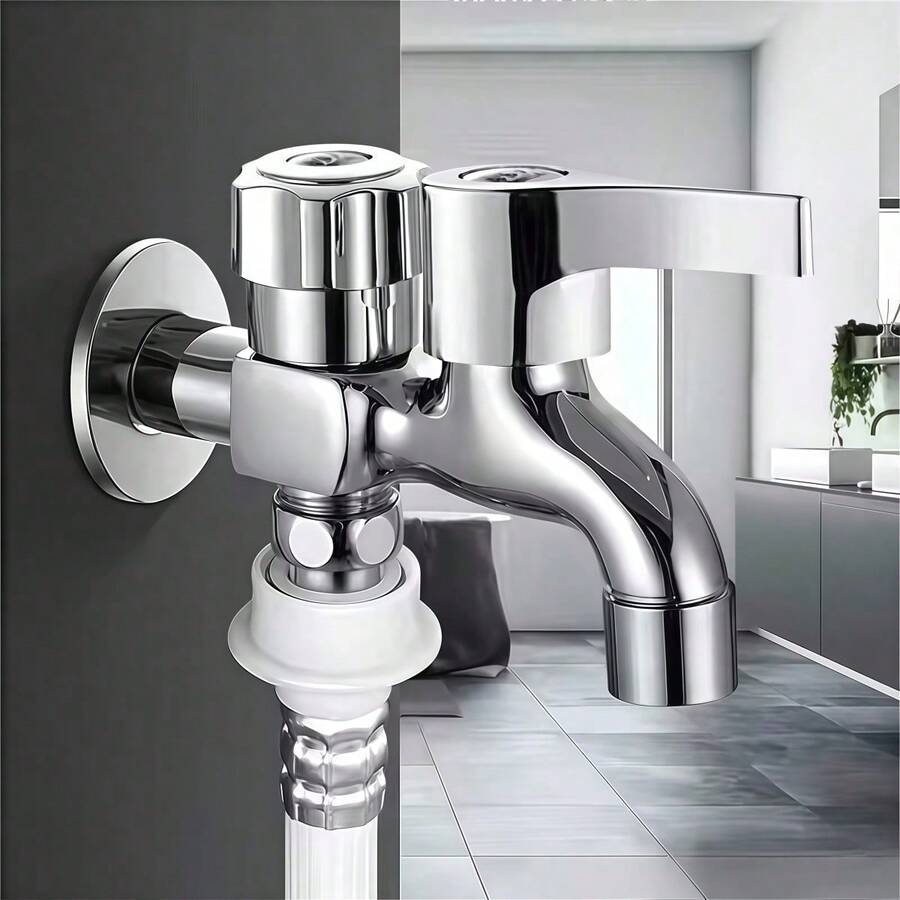 1pc 304 Stainless Steel Dual Outlet Faucet, Multi-Function Washing Machine Tap, Suitable For Connecting Washing Machine, Bathroom Addition, Bathroom Hardware