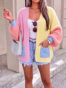 Women's Dopamine Rainbow V-Neck Knit Cardigan, Lightweight Short Jacket Top, Loose Slouchy Sweater, Autumn/Winter - Multicolor - View 2
