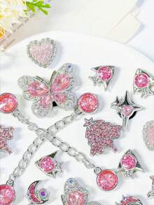 18pcs Silver Base Pink Rhinestone Chain Shoe Charms Butterfly Heart Four-Point Star Flower Detachable DIY Accessories Fit Perforated Sandals Slippers Holiday Gift - Silver Pink - View 6