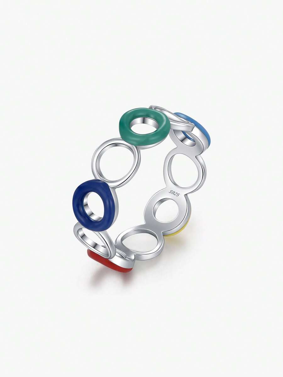 MODIAN 925 Sterling Silver Colorful Enamel Circle Ring Multi Color Hollow Stackable Finger Rings For Women Daily Jewelry Gift - Silver - View 1